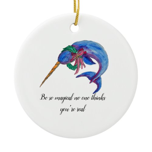Christmas narwhal ceramic ornament