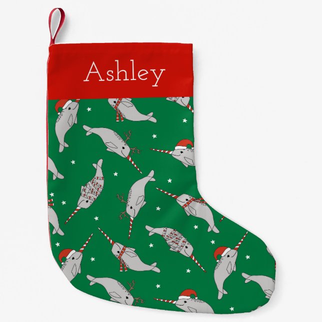Christmas Narwhals Cute personalized Small Christmas Stocking (Front)