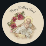 Christmas Nativity Baby Jesus Floral Classic Round Sticker<br><div class="desc">Celebrate the birthday of Jesus with our vintage nativity stickers. This is s vintage image of Jesus in the manger with a pointsettia accents.  For further customization,  please click the "Customize it" button and use our design tool to modify this template.</div>