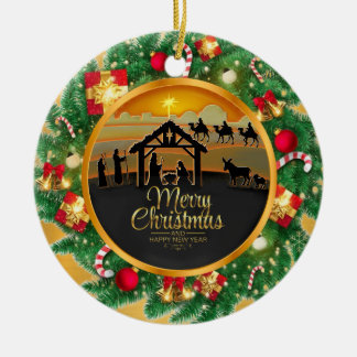Christmas Nativity Baby Jesus in Manger Scene Ceramic Ornament
