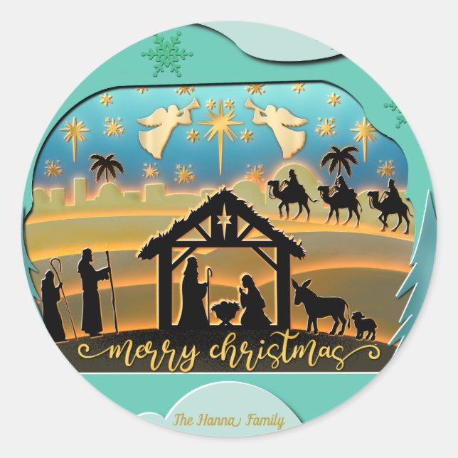 Christmas Nativity Baby Jesus in Manger Scene Classic Round Sticker (Front)
