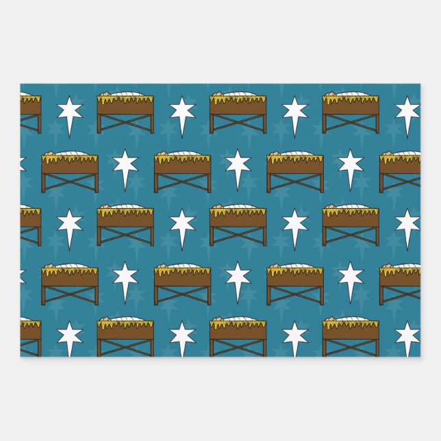 Christmas Nativity Baby Jesus Manger Pattern Wrapping Paper Sheets (Front)