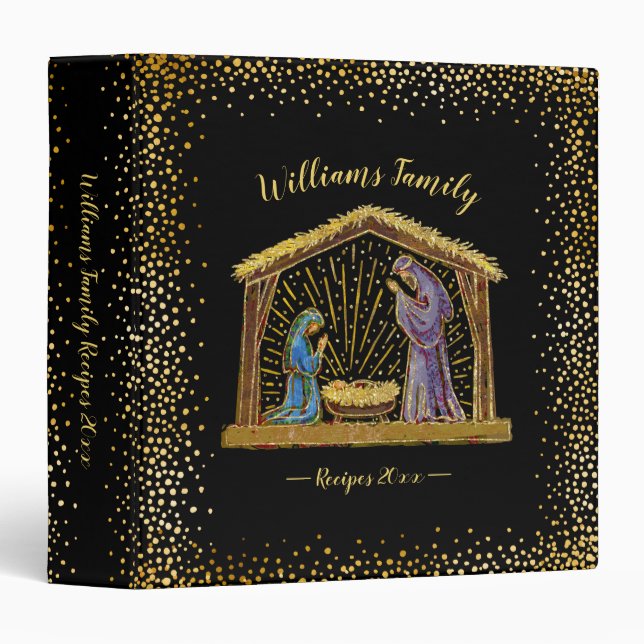 Christmas Nativity Black Gold Name Recipe 3 Ring Binder (Front/Spine)