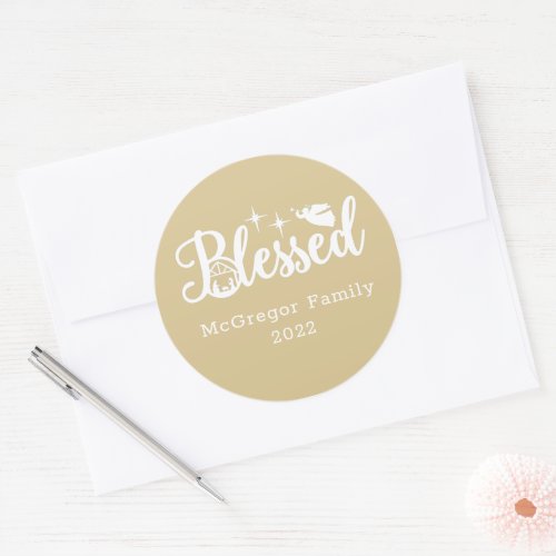 Christmas Nativity Blessed Gold  White Classic Round Sticker