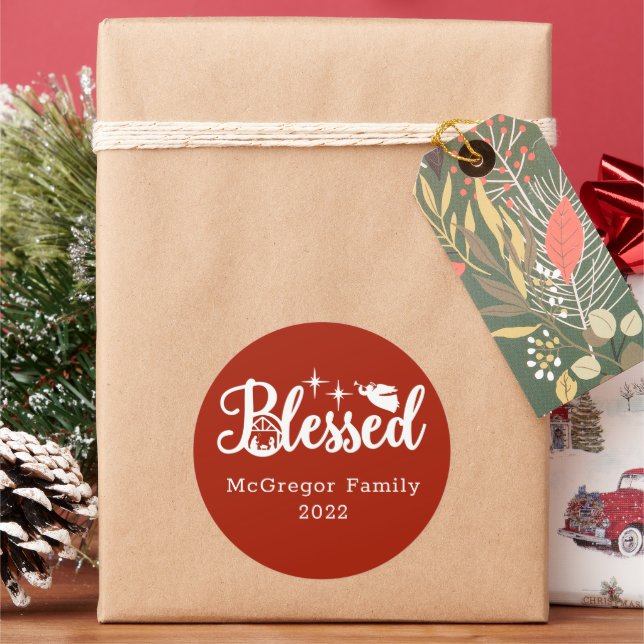 Christmas Nativity Blessed Red & White Classic Round Sticker (Holiday)