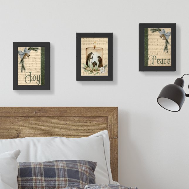Christmas Nativity Candle with Joy and Peace Music Wall Art Sets (Bedroom)
