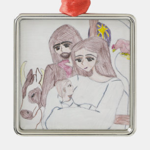 Christmas Nativity Colored Pencil Drawing Metal Ornament