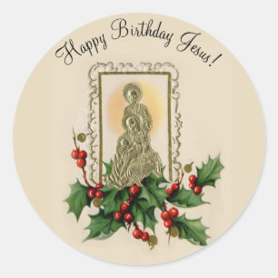 Christmas Nativity Holy Family Holly Berries Classic Round Sticker