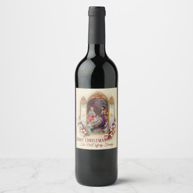 Christmas Nativity Holy Family Holly Berries Wine Label (Front)