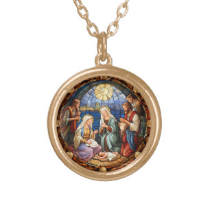 Christmas Nativity Illustration Gold Plated Necklace