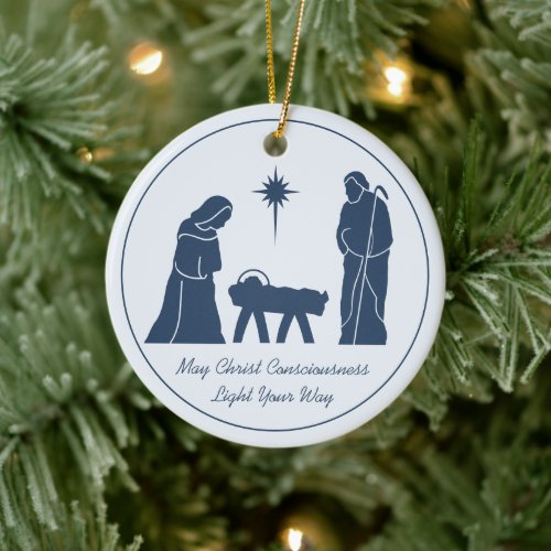 Christmas Nativity Inspirational Saying Blue Ceramic Ornament