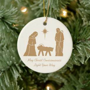 Christmas Nativity Inspirational Saying Gold Cream Ceramic Ornament