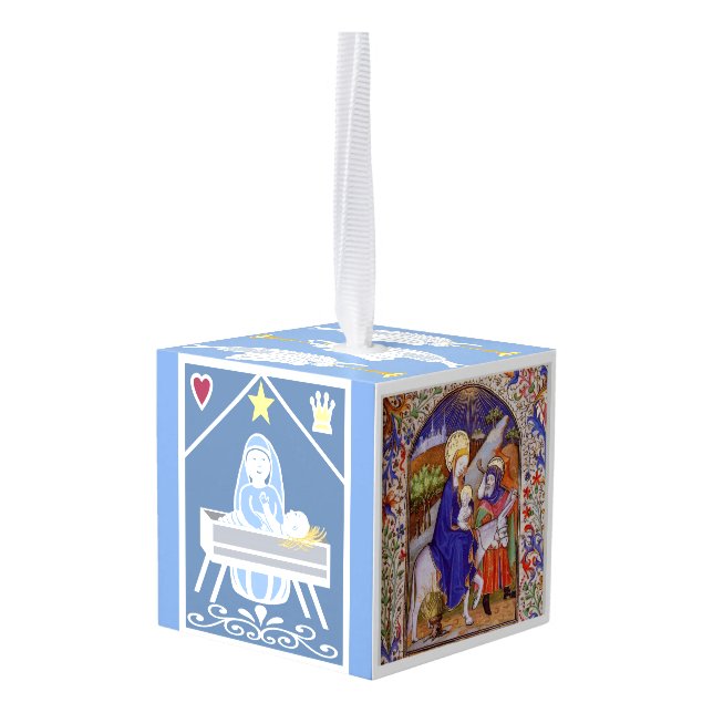 Christmas Nativity Jesus and Mary and angels Cube Ornament (Back Angled)