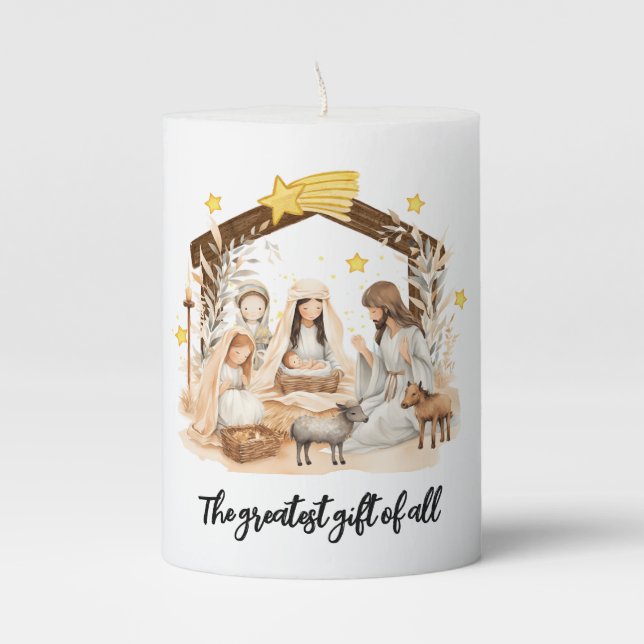 Christmas Nativity Jesus Greatest Gift Pillar Candle (Front)