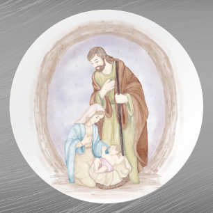 Christmas Nativity Jesus Mary Joseph Watercolor Classic Round Sticker
