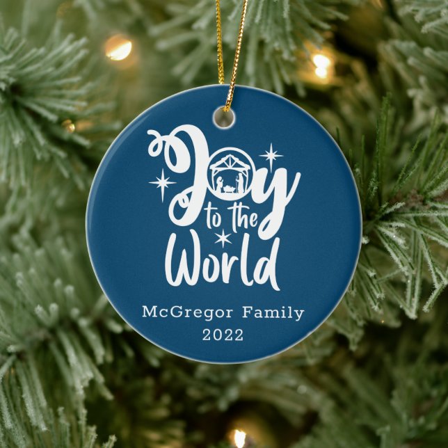 Christmas Nativity Joy to the World Blue & White Ceramic Ornament (Tree)