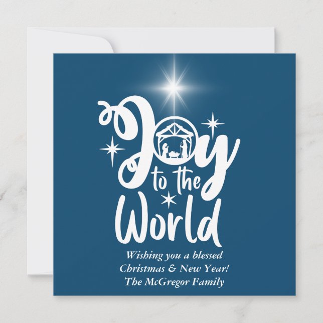 Christmas Nativity Joy to the World Blue & White Holiday Card (Front)