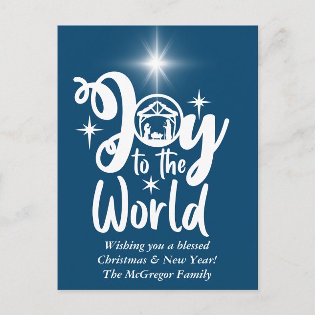 Christmas Nativity Joy to the World Blue & White Holiday Postcard (Front)