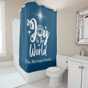 Christmas Nativity Joy to the World Blue & White Shower Curtain