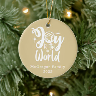 Christmas Nativity Joy to the World Gold & White  Ceramic Ornament
