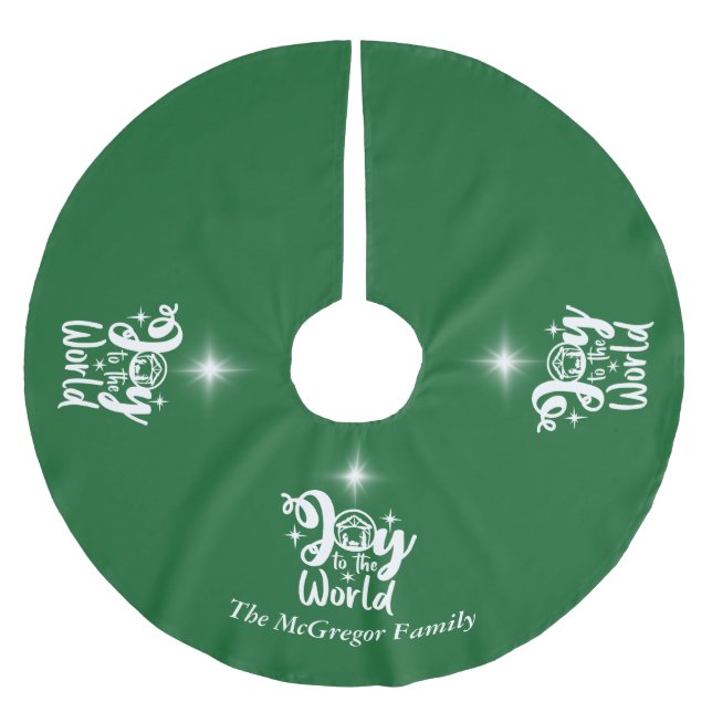 Christmas Nativity Joy to the World Green & White Brushed Polyester Tree Skirt (Front)