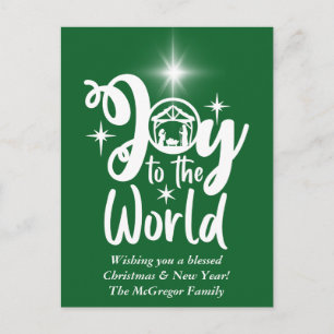 Christmas Nativity Joy to the World Green & White Holiday Postcard