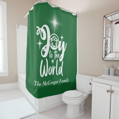 Christmas Nativity Joy to the World Green  White Shower Curtain