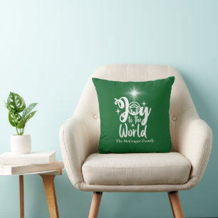 Christmas Nativity Joy to the World Green & White Throw Pillow