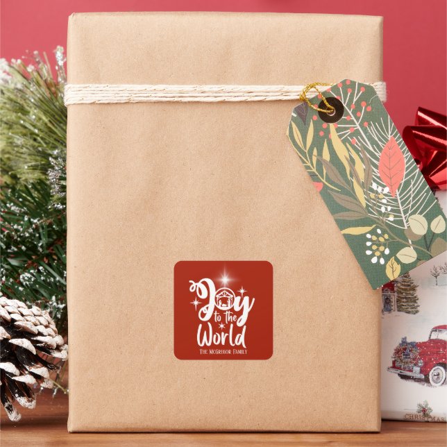Christmas Nativity Joy To The World Red and White Square Sticker (Holiday)