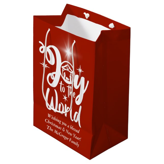 Christmas Nativity Joy to the World Red & White Medium Gift Bag (Front Angled)