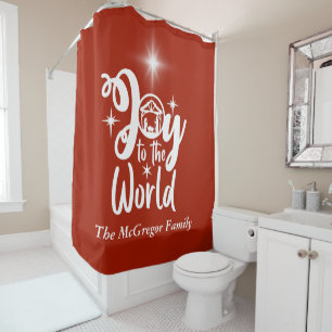 Christmas Nativity Joy to the World Red & White Shower Curtain