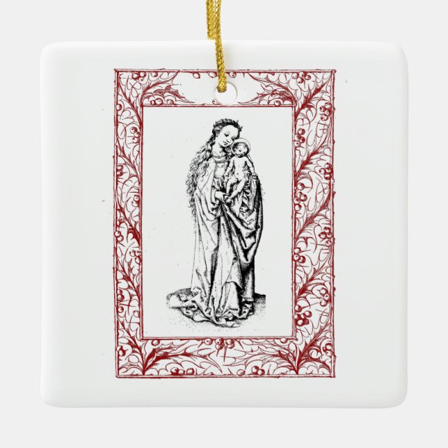 Christmas Nativity Madonna and Child Holly Ceramic Ceramic Ornament (Front)