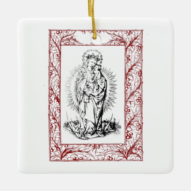 Christmas Nativity Madonna and Child Holly Ceramic Ornament (Front)