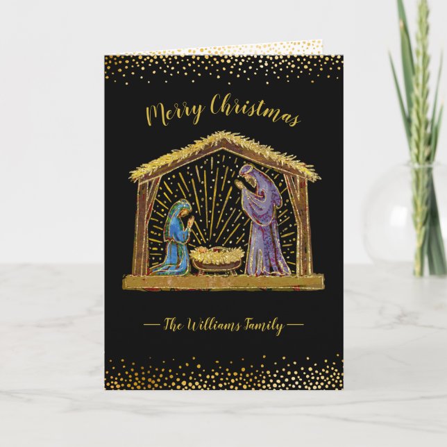 Christmas Nativity Manger Black Gold Typography Holiday Card (Front)