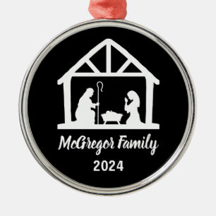 Christmas Nativity Manger Family Name & Year Metal Ornament