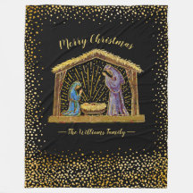 Christmas Nativity Manger Gold Black Family Name