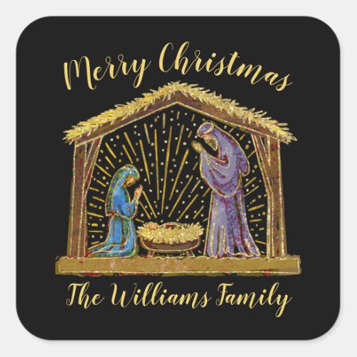Christmas Nativity Manger Gold Black Family Name Square Sticker