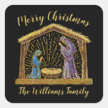 Christmas Nativity Manger Gold Black Family Name Square Sticker