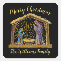 Christmas Nativity Manger Gold Black Family Name