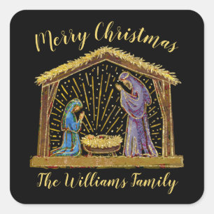 Christmas Nativity Manger Gold Black Family Name Square Sticker