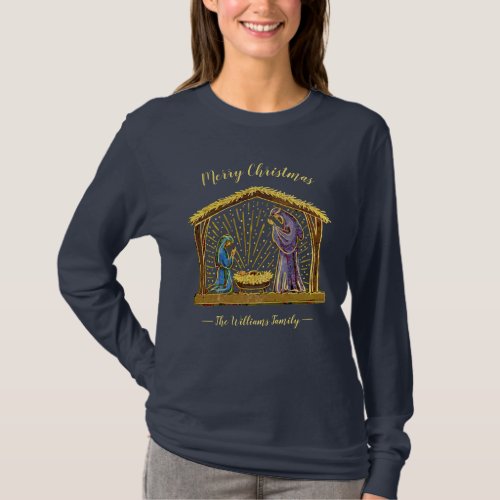 Christmas Nativity Manger Gold Family Name T_Shirt