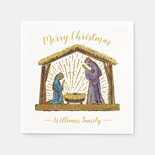 Christmas Nativity Manger Gold Typography Napkins