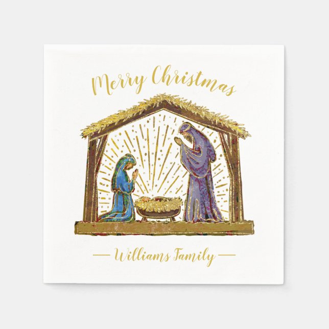 Christmas Nativity Manger Gold Typography Napkins (Front)