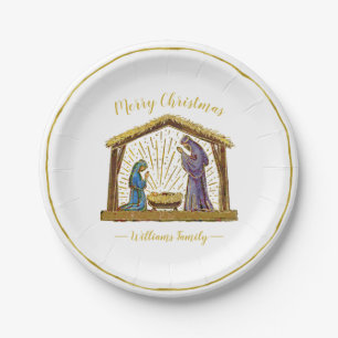 Christmas Nativity Manger Gold Typography Paper Plates