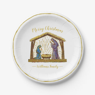 Christmas Nativity Manger Gold Typography Paper Plates
