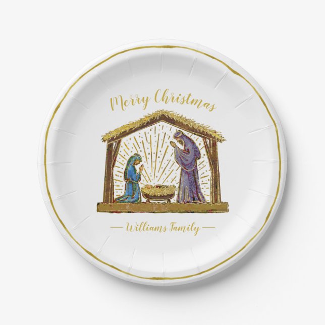 Christmas Nativity Manger Gold Typography Paper Plates (Front)