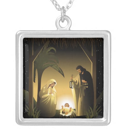 Christmas Nativity Mary Joseph and Baby Jesus Silver Plated Necklace