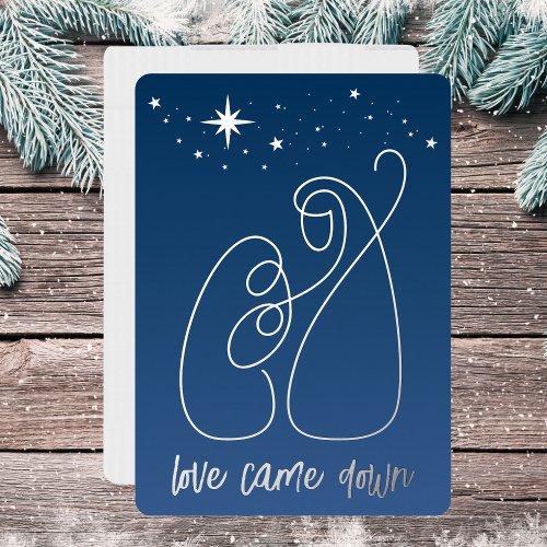  Christmas Nativity Modern Minimal Line Art Blue Foil Holiday Card