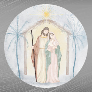 Christmas Nativity Palm Trees Watercolor Classic Round Sticker