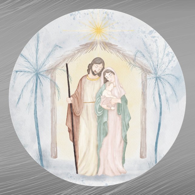Christmas Nativity Palm Trees Watercolor Classic Round Sticker (Creator Uploaded)